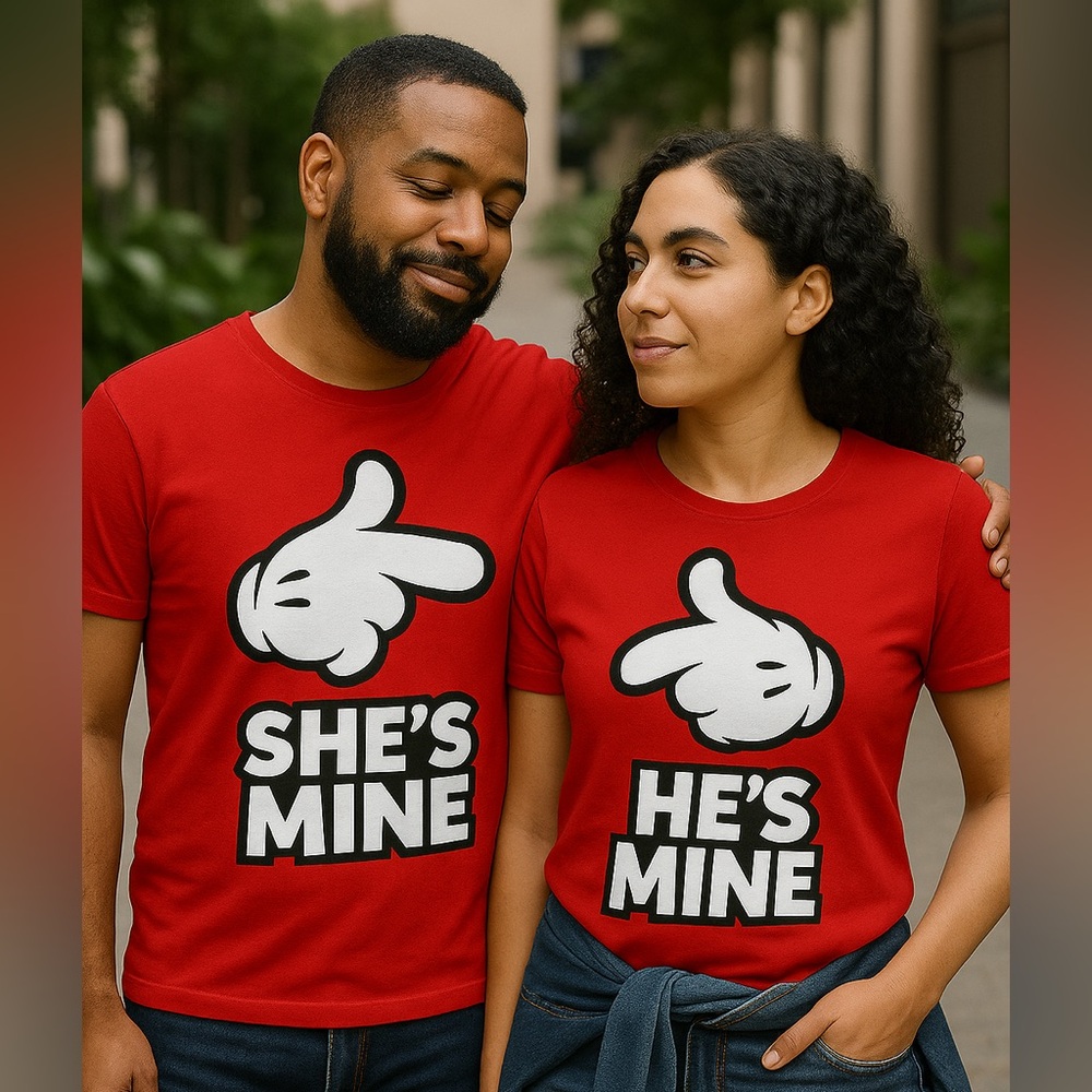 “He’s Mine” & “She’s Mine” Matching Couple T-Shirt Bundle –Cotton Graphic Tees